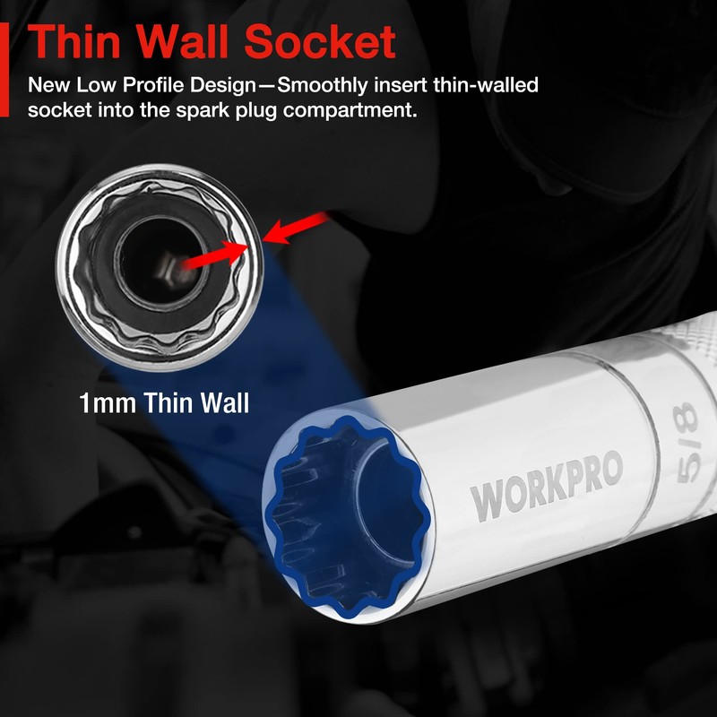 WORKPRO 6 PC Spark Plug Socket, Includes 9/16-inch, 5/8-inch, 13/16-inch,