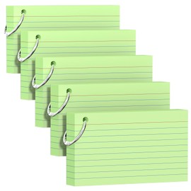 250 Count Green Index Cards 3x5 Inch with Key Ring, Color Flash Index Card (50 Sheets Each), Durable & Portable Note Taking for Students, Teachers, Study Note Cards for Office, Home School