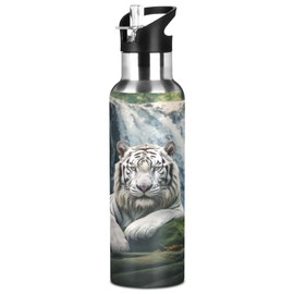 White Tiger and Waterfall Water Bottle with Straw Lid Vacuum Insulated Stainless Steel Thermo Flask Water Bottle 20oz