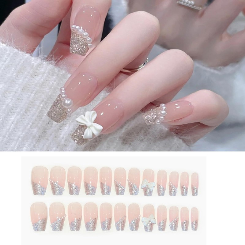 HAPVITAL 24-Piece Set, Nail Tips, Short, Butterfly Design, 3D Effect,