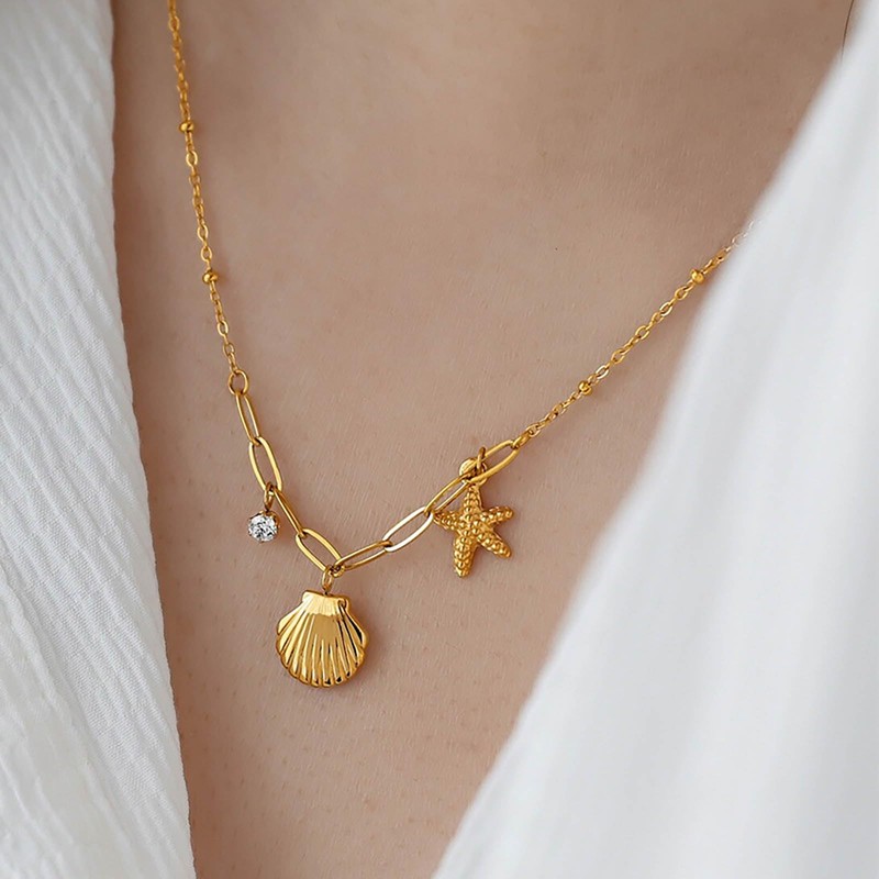 TseenYi Shell Starfish Pendant Necklace Shell Star Necklace Gold Paperclip