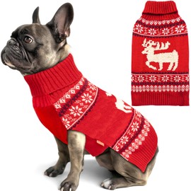 KYEESE Christmas Sweater for Small Dogs, Reindeer Outfit With Leash Hole, Turtleneck Knitwear Holiday Clothes, Reindeer, L