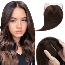 Elailite Real Hair Topper Clip-In Toupee Women Real Hair Piece Silk Base Clip-In Extensions Remy Silk Base Straight #02 Dark Brown 40 cm