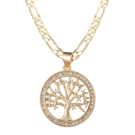 18K Gold Plated Tree of Life Pendant Necklace for Women Men | Gold Cubic Zirconia Inlay Life Tree Pendant Necklace | 3mm Figaro Chain Necklace 18/22 inches (22 inch)