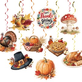 AimtoHome Thanksgiving Hanging Swirl Set Party Decorations, 48 Pcs, Autumn Theme Pumpkin Maple Leaf Turkey Party Supplies Sign,Orange Brown Red