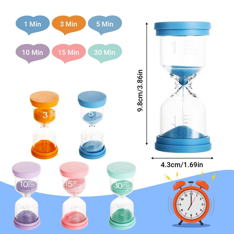 Buntes Sanduhren Set 1/3/5/10/15/30 Minuten, Sand Timer,Zeitmesser Sanduhren für das