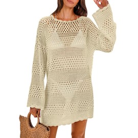 ANRABESS Women Swimsuit Crochet Swim Cover Up 2024 Summer Bathing Suit Swimwear Mesh Knit Beach Dress Vacation Outfits Beige Small