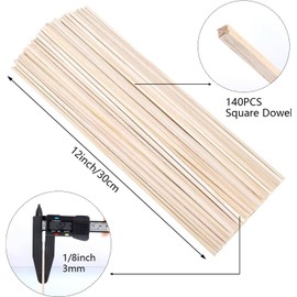 140 Pcs Balsa Wood Sticks 1/8 x 1/8 x 12 Inch, Square Dowel Rods Wood Strips Hardwood Sticks for Crafts DIY Projects Models Making