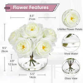 Hollyone White Roses Peonies Artificial Flowers with Glass Vase Silk David Austin Roses Faux Flowers Arrangements with Clear Faux Water in Vase Fake Peonies Rose Peony Floral Bulk Bouquet Home Decor