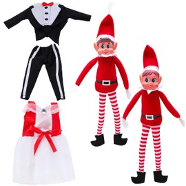 Elves Behavin Badly Wedding Elf Bundle - Boy & Girl 12 Inch Elf Soft Toy with Bride & Groom Outfits - Elfie and Elvie - Naughty Elf Costumes