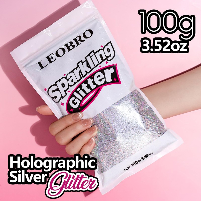 LEOBRO 100g / 3.5 oz Silver Glitter, Holographic Fine Glitter