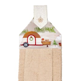 Hanging Hand Towel - Retro Winter Scene - Vintage Trailer - Tan Plush Towel - RV Camping Decor - Handmade by Green Acorn Kitchen