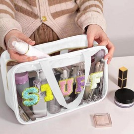 Letter Pattern Clear Makeup Bag with Handle, Waterproof Zipper Makeup Organizer Pouch, Portable Travel Storage Bags for Travel, Outing, Daily Use, Multipurpose Makeup Organizer, Mother's Day Gift:_Baby Pink_1 count