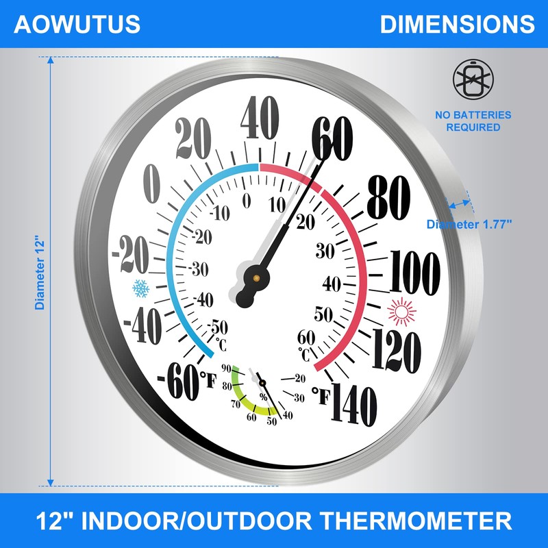 Outdoor Thermometer Hygrometer - 12'' Indoor Outdoor Thermometer Wireless, Indoor