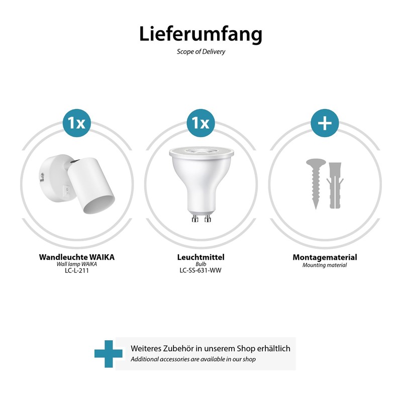 ledscom.de 2 Wall spot WAIKA, Single-Flame, with Switch, GU10, White