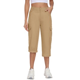 MoFiz Womens Cotton Capris Pants Hiking Roll up Convertible Cargo Capris Lightweight Travel Outdoor Relaxed Fit Cropped Pants Khaki XS