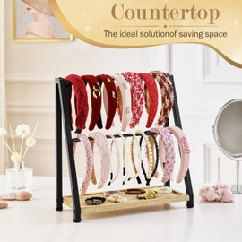 DGWJSU Headband Holder Organizer Metal 2-Tier Display Stand for Selling, Home Bedroom Headband Storage for Girls Women, Headband Stand Wood Base Can Store Hair Ties