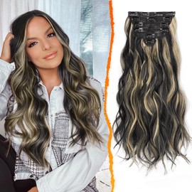BARSDAR Clip-In Hair Extensions, 50 cm Highlight Wavy Clip-In Extensions for Women, 6 Pieces, Thick, Natural, Soft, Synthetic Clip-In Hair Extensions, Black with Highlights