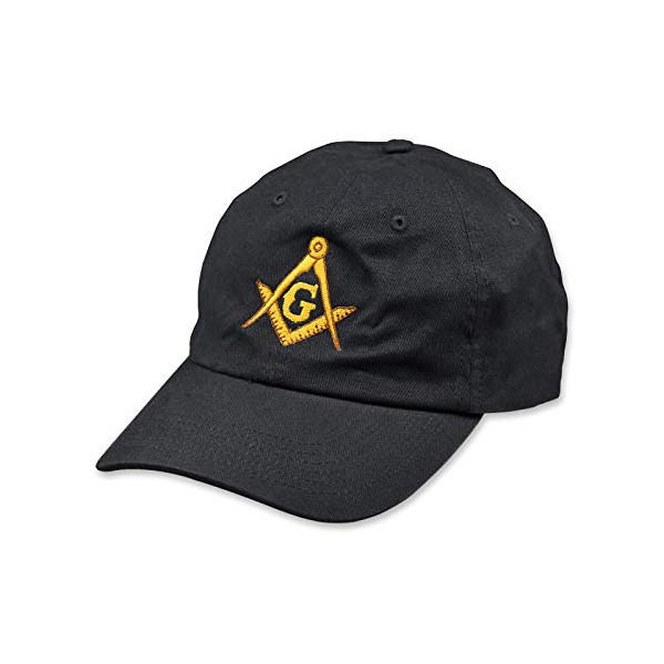 Gold Square & Compass Embroidered Masonic Brushed Twill Unstructured Hat - [Black]