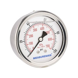 MEASUREMAN 2-1/2" Dial Size, Glycerin Filled Pressure Gauge, 0-100psi/kpa, 304 Stainless Steel Case, 1/4" NPT Center Back Mount