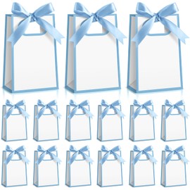 Kolldenn 24 Pcs Small Gift Bags with Bow 6.3 x 3.9 x 2.8 Inch Thank You Gift Bags Elegant Mini Paper Bag with Handles for Wedding Bridal Birthday Baby Shower Bridesmaid Party Favors(White Blue)