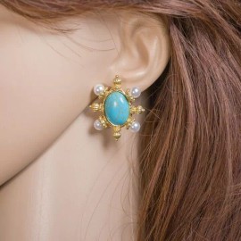 Pearl Yellow Gold Plated with Turquoise & Pearl Stud Earrings
