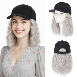MY-LADY Hat Wig Hat with Hair Attached for Women Baseball Cap with Hair Extensions Adjustable Wavy Synthetic Hairpiece 16" Black Cap to 88A/89A