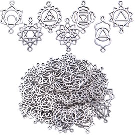 70pcs Antique Silver Chakra Energy Charms Connectors Tibetan Alloy Hollow Flower Chakra Pendants Charms Craft Supplies for DIY Bracelet Necklace Earring Jewelry Making Accessories, 7 Styles