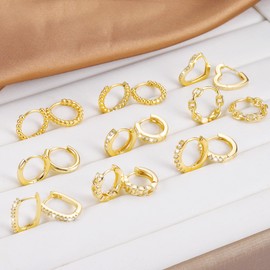 Small Gold Hoop Earrings for Women, ALEXCRAFT 9 Pairs Multipack Gold Hoop Earrings Set, 14k Real Gold Plated Piercing Huggie Cartilage Earrings with Zircon Twist Heart Square Chain Hoop Earrings