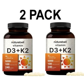 NatureBell Vitamin D3 5000 IU, Vitamin K2 MK-7, 2 PACK, 100mcg, 240 Softgels (480 total!)