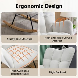 NIOIIKIT Nursery Rocking Chair Velvet Upholstered Glider Rocker Rocking Accent Chair Padded Seat with High Backrest Armchair Comfy Side Chair for Living Room Bedroom Offices (White Velvet)