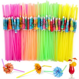 Paxcoo 100pcs Umbrella Straws - Hawaiian Luau Party Straws for Drinks Decorations (Assorted Colors)