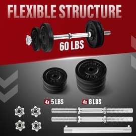 Yes4All Cast Iron Weights Adjustable Dumbbell Sets for Home Gym with Bars, Plates, Collars - 60LB with connector (Pair)