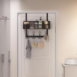 Upesitom Over The Door Hooks Organizer with 12 Hooks, Over The Door Storage Rack with Mesh Basket,Back of Door Storage Organizer Over The Door Hanger for Bedroom,Bathroom,Kitchen, Pantry, Black