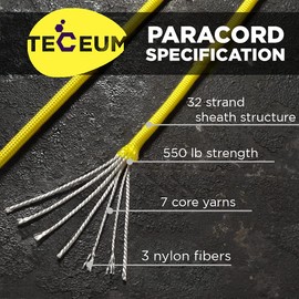 TECEUM Paracord Type III 550 Yellow Pastel – 200 ft – 4mm – Tactical Rope MIL-SPEC – Outdoor para Cord –Camping Hiking Fishing Gear and Equipment – EDC Parachute Cord – Strong Survival Rope 419