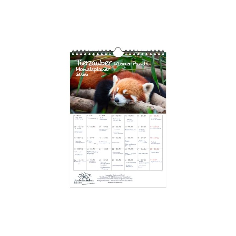 Tierzauber Small Panda Planner DIN A4 Calendar for 2026 Red