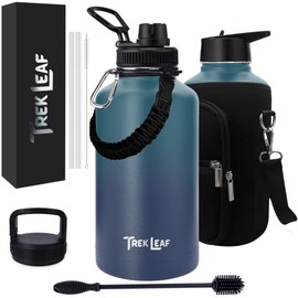 Trek Leaf Travel Water Bottle with Carrying Bag, 3 Lids (Spout, Straw, Handle), and Bottle Brush; Leak Proof, Quality, Vacuum Insulated, Stainless Steel (Deep Water, 64 oz)