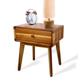 ENKEZI Small Mid Century Acacia Night Stand with Drawer Dresser, Handcrafted Small Nightstand, Space-Saving Bedroom Side Tables with Acrylic Coating, No Visible Nails
