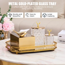 Vintage Gold Mirror Tray, Modern Luxury Perfume Decorative Tray with Hollow Design, Elegant Glass Display Storage Organizer, Rectangle 7.1"x11.4", for Coffee Table, Entryway, Bathroom