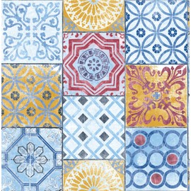GW2011 Grace & Gardenia Red Blue & Gold Mosaic Tile Peel and Stick Wallpaper