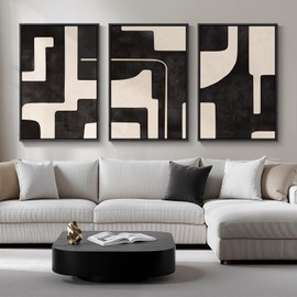 Large Framed Neutral Abstract Wall Art for Living Room, 3 Piece Black Beige Canvas Prints Paintings Artwork for Walls, Modern Minimalist Abstract Pictures for Hallway Office Wall Decor 24x36 In