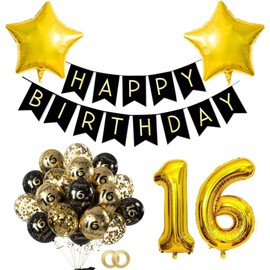 Black Gold 16th Birthday Decorations for Boys Girls Set,Birthday Balloons Girls Boys,Black Gold 16th Balloons,Happy Birthday Banner,Foil Number 16 Balloons for Men Women 16 Birthday Party Decorations