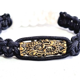 poppip Thai Amulet Buddhist Handmade Adjustable YIN-YANG black- White Cord Rope String Bracelet With Gold Color Brass Energy Talisman Takrud Naga Yant For Adult Luck Protect Harm Evil