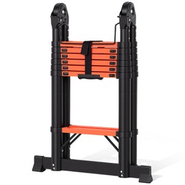 Telescoping Ladder 14.5 FT A Frame, Extension Multi-Purpose with Balance Bar Heavy Duty 330 lbs Max Capacity for Home and Outdoor Work, Orange