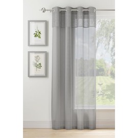 Maple Textiles Eyelet Ring Top Heading Voile Curtain Panels Soft Linen/Muslin Look with Texture Band Top and Sizes (Single, Grey, 90" Drop)