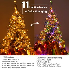 BrizLabs Color Changing Christmas Lights, 115ft 300 LED Christmas String Lights, 11 Modes Warm White Multicolor Lights, 24V Safe Adapter Dimmable Light with Timer Remote for Christmas Party Tree Decor