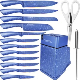 Knife Block Set, 15 Pcs Stainless Steel Professional Japanese Chef Knife Set, Carving Slicing Paring Bread Knife, Steak Knives, Blue Color