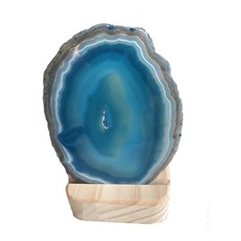mysale24.de Gemstone Lamp Agate Tea Light Agate Disc with Tea Light Holder Wooden Stone Disc in Blue Approx. 10-12 cm – Approx. 100 g Natural Product Fairy Light Decorative Tea Light