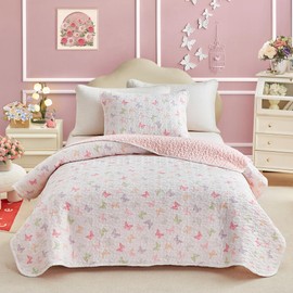 Joyreap Twin Size Quilt Set for Girls, Colorful Butterflies Pink Design, 2pcs Soft n Cozy Microfiber Quilt, Bedspread Bed Cover for All Season- 68x88 inches