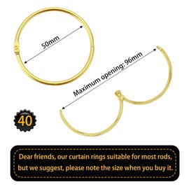 Pack of 40 curtain rings for opening, 50 mm curtain rings, curtain rings, round rings, curtain clips, shower curtain, metal clips for curtains and curtain rods (gold)